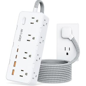Power Strip Surge Protector with 5FT Braided Flat Extension Cord, Wall Mount Charging Station with 8 Outlets 4 USB Ports(2 USB C), Ultra Thin Flat Plug for Home Office, Dorm, Hotel, Travel