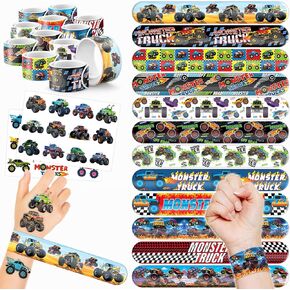 48PCS Monster Truck Party Favors 24PCS Tattoos 24PCS Slap Bracelets Gifts Ideal Themed Big Car Birthdays Party Supplies Decorations Decor Classroom School Prizes for Boys and Girls Reward