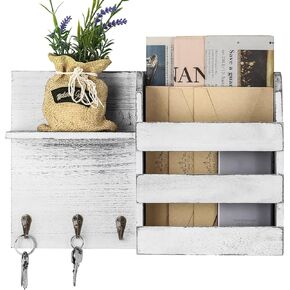 LIANTRAL Mail Sorter Wall Mount, Mail & Key Holder Organizer with 3 Key Hooks, Wooden Mail Holder, Rustic Home Decor for Entryway or Mudroom(Rustic White-Gray)