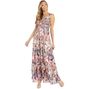 R&M Richards Long Metallic Floral Printed Evening Dress