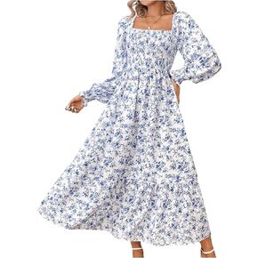 MakeMeChic Women's Floral Lantern Long Sleeve Dress Square Neck Ruffle Hem Dresses Shirred A Line Vacation Dresses