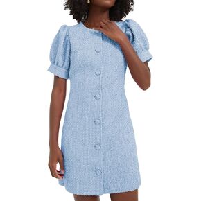 Womens Tweed Jackie Dress Elegant Crew Neck Puff Short Sleeve Button Down Mini Dress