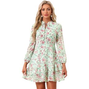 Allegra K Women's Summer Floral Tie V Neck 2024 Semi Sheer Long Sleeve Layered Tiered Chiffon Mini Dress