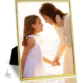 8x10 Picture Frame Double Hinged Folding, Thin Edge Metal Real Glass 8 by 10 Photo Frames, for Tabletop and Wall Display (8 x 10, Gold)