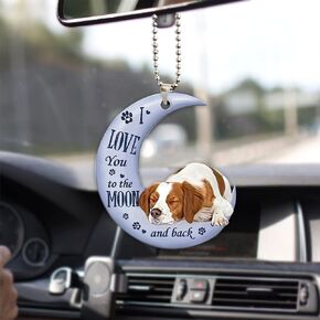 Talataca Brittany Spaniel Love You to The Moon and Back 2D Flat Car Rear View Mirror Accessories Christmas Tree Ornament Decoration Hanging Charm Interior Rearview Pendant Decor Gift