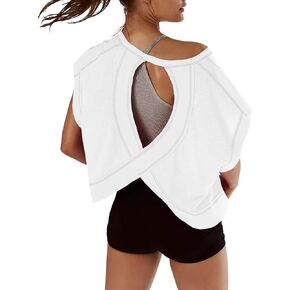 Women Short Sleeve Workout Shirts Open Back Tops Casual Yoga Y2k Athletic Gym Slouchy Crop Running Tees
