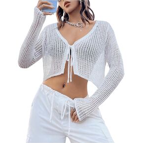 SweatyRocks Women's Tie Front Tops Hollow Out Sheer Knit Crochet Cardigan Crop Top