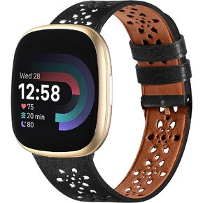 Leather Bands Compatible with Fitbit Versa 3 Bands/Versa 4 Bands/Sense 2/Sense 1 Band Women Men, Floral Hollow-Out Lace Replacement Wrist Band for Fitbit Versa 4/Sense 2 Watch