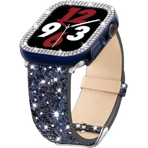 Bling Bands Compatible with Apple Watch Band + Case 38mm 40mm 41mm 42mm 44mm 45mm 49mm Ultra 2/1, Glitter Leather Strap with Bling Diamond Protector Cover For iWatch Series 9 8 SE 7 6 5 4 3 2 1