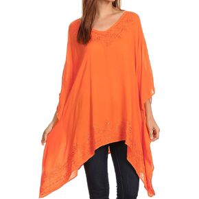 Sakkas Wren Lightweight Circle Poncho Top Blouse with Detailed Embroidery