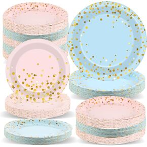 Wiooffen 96PCS Gender Reveal Party Supplies Baby Shower Party Tableware Gender Reveal Plates Napkins Set Boys Girls Blue Pink Paper Plates for Baby Shower Wedding Birthday Party 48 Guests(7in, 9in)