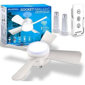Socket Fan Cool Light Deluxe with 2 Socket Extenders – Ceiling Fans with LED Lights and Remote Control, Replacement for Lightbulb - Bedroom, Kitchen, Living Room,1000 Lumens / 5000 Kelvins