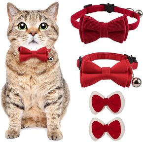 2 Pieces Cat Collar with Bell and Bowtie, Adjustable Polyester Fiber Cat Collars Safety Bow Tie Solid Wedding Christmas Red Cat Bow Tie Collar, S