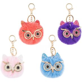 Framendino, Owl Pom Pom Keychain Fluffy Cute Owl Keychain Faux Animal Fur Pom Pom Keychain for Bag Decor