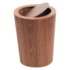 Modern Round Trash Can with Lid - Wood Grain Waste Basket in Walnut - 9.25"x7.5"x11.8" Swing Top Small Trash Can - Decorative Small Garbage Can for Bedroom, Living Room, Office & Bathroom