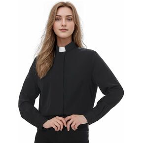Priest Clergy Shirt for Women Pastor Tab Collar Lady Button Front Clerical Long Sleeve Shirt