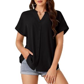 Rooscier Women's Button Down Notch V Neck Batwing Short Sleeve Office Business Blouse Shirt Top