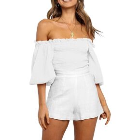R.Vivimos Women's Summer Cotton Short Sleeves Off The Shoulder Crop Tops Ruffle Slim Blouses