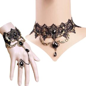 2PCS Choker Lace Necklace with Bracelet Set Punk Party Gothic Vintage Handmade Victorian Steampunk Retro Gears Lace Vampire Bracelet Wristband for Halloween Easter – GS168 + Y287