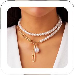 Boho Layered Pearl Choker Necklace Punk Teardrop Pearl Charm Necklace Cuban Paperclip Link Chain Choker Jewelry for Women Girls