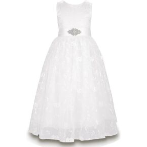 Floral Lace Flower Girl Dress for Wedding Bridal Party, Girls White Dress for Baptism First Communion