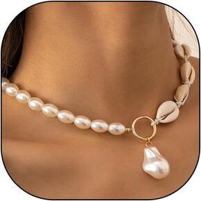 14k Gold Pearl Shell Necklace for Woman Girl Teen,Trendy Boho Hippie Pendant Necklace,Adjustable Pearl Shell Choker Gifts for Friends