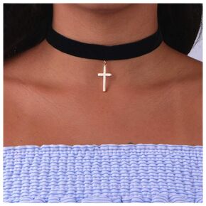 Gothic Velvet Choker Necklace Cross Pendant Necklace Short Suede Collar Necklace Black Wide Choker Necklace Jewelry for Women and Girls