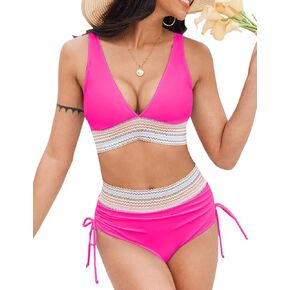 Bluetime Women High Waisted Bikini Set Tummy Control Color Block Swimsuit Two Piece Full Coverage Bathing Suits