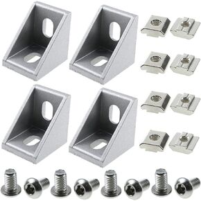 4 Set 3030 Series Aluminum Profile Connector Set for Standard 8mm Slot Aluminum Extrusion Profile - 4 24mm x 30mm Corner Bracket, 8 M6 x 16mm T-Slot Nuts and 8 M6x10mm Hex Socket Cap Screw Bolt