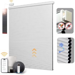CINONEKO Motorized Cellular Shades with Remote【Free Solar Panel】 Battery-Powered Electric Blinds No Tools No Drilling Honeycomb Shades Cordless Blackout Smart Blinds Compatible with Alexa White 46x48