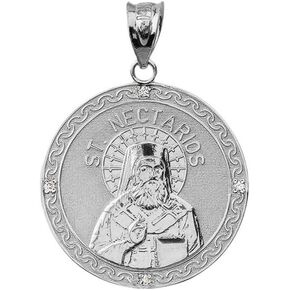 Sterling Silver Saint Nectarios of Aegina CZ Round Medal Protection Charm Pendant (1")