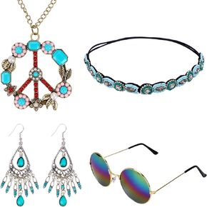 4 Pcs Hippie Costume Set 60s 70s Dressing Outfits for Women Daisy Headband Peace Sign Necklace Accessory