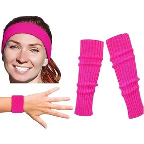 80s Pink Leg Warmers Set Headband Wristband Sweatband Neon Knit Leg Warmers Set for Sport Yoga Sport Theme Party Costume Accessories Rose Red