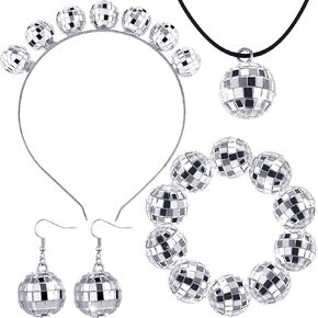 Hicarer Disco Ball Accessories 70s Disco Costume for Women Disco Ball Headband Earrings Necklace Bracelet (Tassel Style)