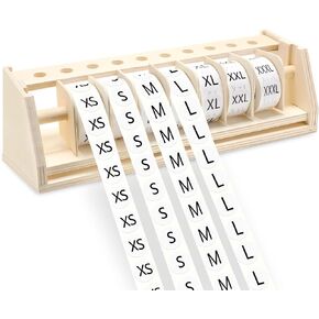 3500 Pcs Clothing Size Stickers Labels with Wooden Size Stickers Labels Holder Labels Organizer Round Self Adhesive Size Stickers for Clothing T Shirts Retail, 7 Size(Holographic Rainbow Color)