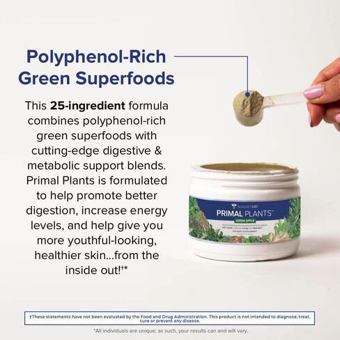 Gundry MD® Primal Plants MTHF Greens Powder Superfood الملحق لدعم صحة البشرة، وتحسين الطاقة والهضم، 1 حصة كاملة من الخضروات - نكهة التفاح الأخضر (30 حصة) (صيغة جديدة) in Kuwait