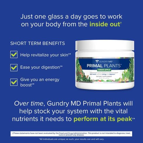 Gundry MD® Primal Plants MTHF Greens Powder Superfood الملحق لدعم صحة البشرة، وتحسين الطاقة والهضم، 1 حصة كاملة من الخضروات - نكهة التفاح الأخضر (30 حصة) (صيغة جديدة) in Kuwait
