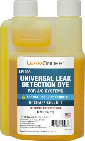LF1008 Automotive Universal Air Conditioner Refrigerant Leak Detection Dye, Services R134a, R-1234yf Systems, 8oz AC Fluorescent Dye Twin-Neck Bottle, Made in USA in Saudi Arabia