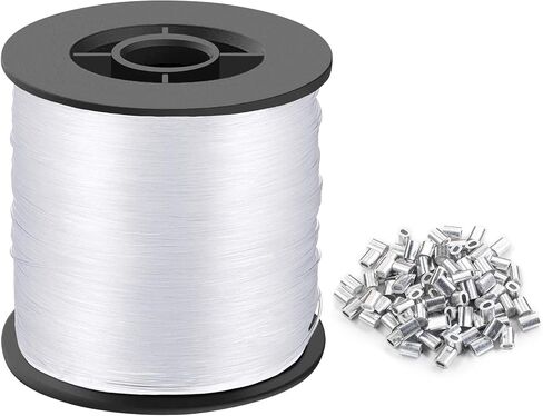 Strong Clear Invisible Hanging Wire - 0.8MM String Thick Nylon Wire Fishing Line 656FT Clear String Wire with 100Pcs Aluminum Crimping Sleeves for Picture Frame, String Light, Flowerpot, Craft in Saudi Arabia