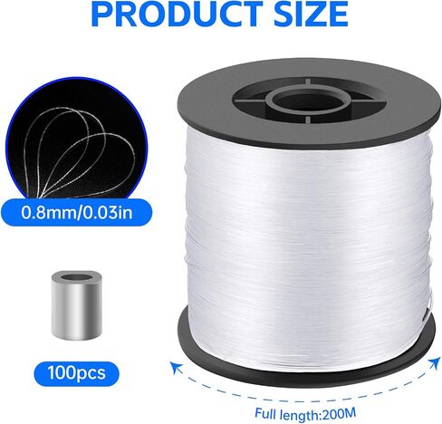Strong Clear Invisible Hanging Wire - 0.8MM String Thick Nylon Wire Fishing Line 656FT Clear String Wire with 100Pcs Aluminum Crimping Sleeves for Picture Frame, String Light, Flowerpot, Craft in Saudi Arabia