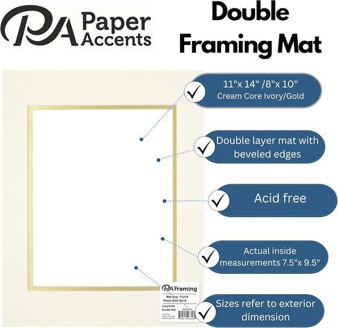 PA Framing, Double Layer Mat, 11 x 14 inches - Cream Core Ivory and Matte Metallic Gold Inner in Saudi Arabia