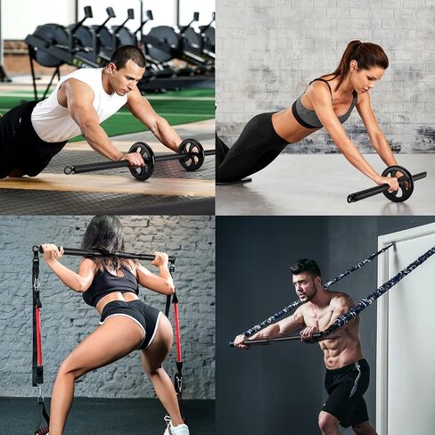 TOBWOLF Resistance Band Bar with Ab Roller, 40.2 Inches Detachable 3-Section Stretched Fusion Pilates Bar Max Load 440 Lbs, Multifunctional Pilates Sculpt Bar for Women Home Gym Yoga Pilates Workouts in Saudi Arabia