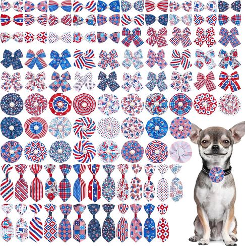 PET SHOW 100pcs Patriotic Small Dogs Bows Ties and Neckties US Flag Collar Flowers 25 Set Stripes&Stars Patterns for Independence Day June 14 July 4th Party Holiday Puppies Grooming Accessories in Saudi Arabia