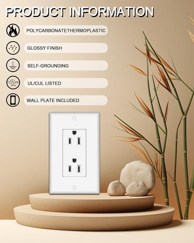 Decorator Receptacle Outlet with Wall Plate, Non-Tamper-Resistant Electrical Outlet, 15 amp Outlet, Self-Grounding, UL Listed, White (20 Pack) in Saudi Arabia
