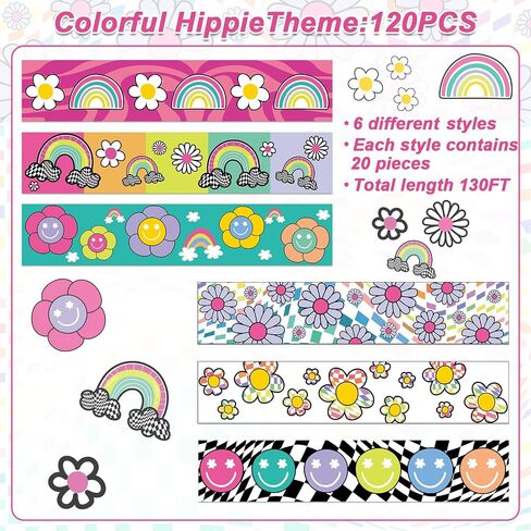 65Ft Colorful Hippie Bulletin Board Border Decoration Groovy Retro Straight Border Strips Boho Hippie Bulletin Board Sticker Smile Daisy Rainbow Borders Trim for School Office Wall Decor in Saudi Arabia