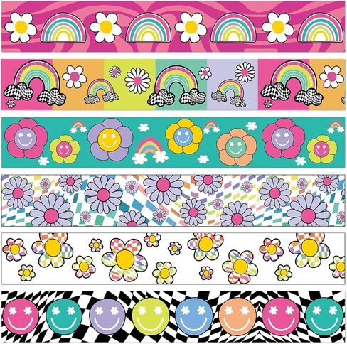 65Ft Colorful Hippie Bulletin Board Border Decoration Groovy Retro Straight Border Strips Boho Hippie Bulletin Board Sticker Smile Daisy Rainbow Borders Trim for School Office Wall Decor in Saudi Arabia