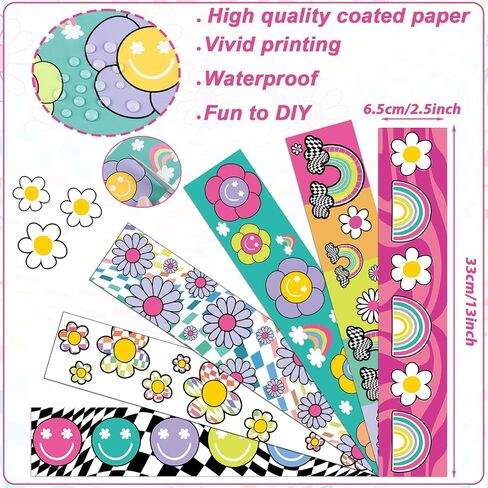 65Ft Colorful Hippie Bulletin Board Border Decoration Groovy Retro Straight Border Strips Boho Hippie Bulletin Board Sticker Smile Daisy Rainbow Borders Trim for School Office Wall Decor in Saudi Arabia