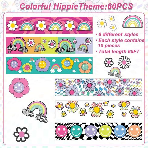 65Ft Colorful Hippie Bulletin Board Border Decoration Groovy Retro Straight Border Strips Boho Hippie Bulletin Board Sticker Smile Daisy Rainbow Borders Trim for School Office Wall Decor in Saudi Arabia