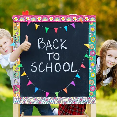 65Ft Colorful Hippie Bulletin Board Border Decoration Groovy Retro Straight Border Strips Boho Hippie Bulletin Board Sticker Smile Daisy Rainbow Borders Trim for School Office Wall Decor in Saudi Arabia