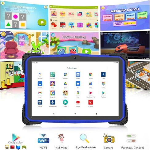 تابلت للأطفال 10 بوصة، تابلت Android 13، تابلت 8 جيجابايت + 64 جيجابايت للأطفال، تابلت للتحكم الأبوي للأطفال الصغار مع حافظة متضمنة كاميرا مزدوجة 2+8 ميجابكسل، شاشة IPS، بطارية 6000 مللي أمبير في الساعة in Kuwait